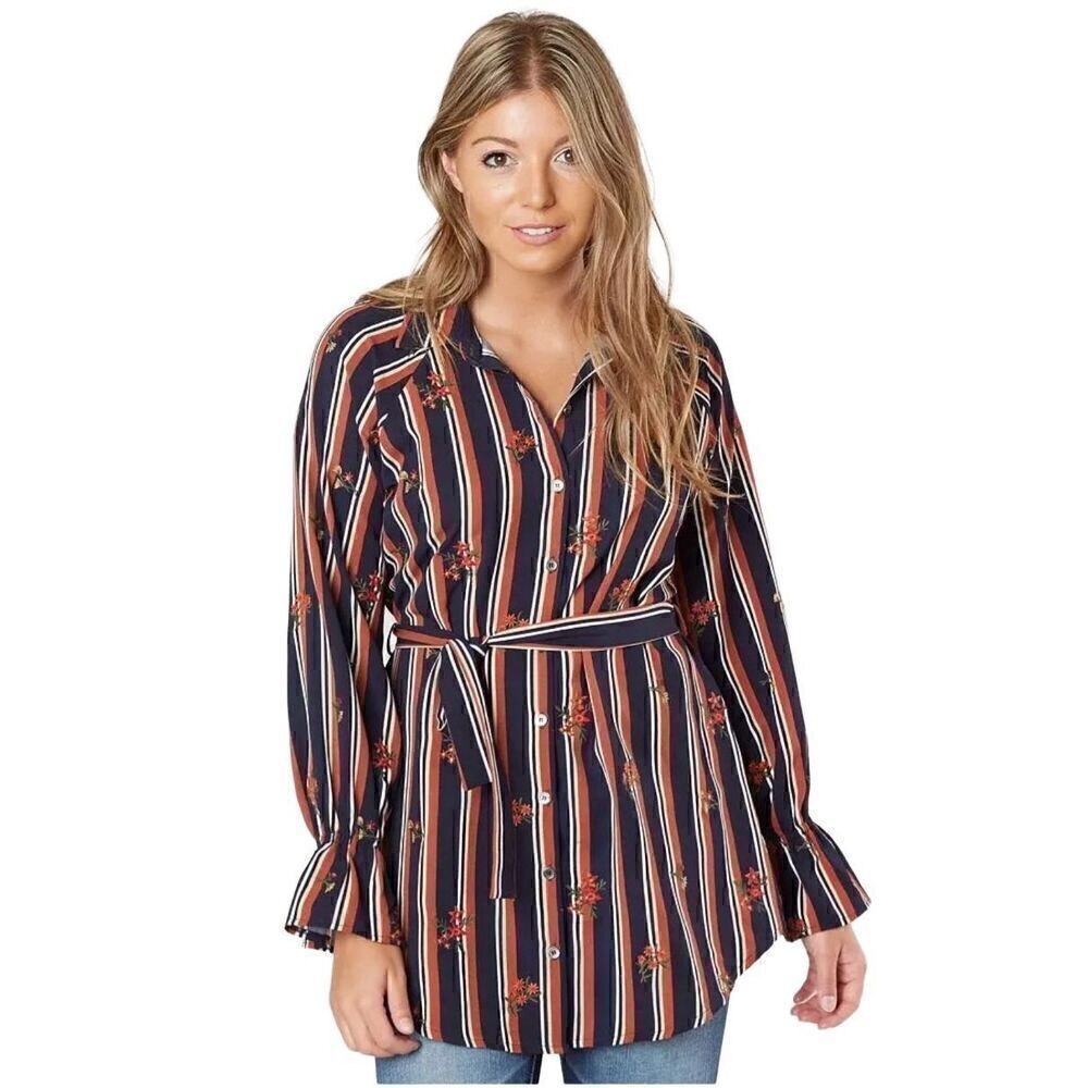 Miss Me NWT multi brown and navy striped long sleeve tunic blouse size L